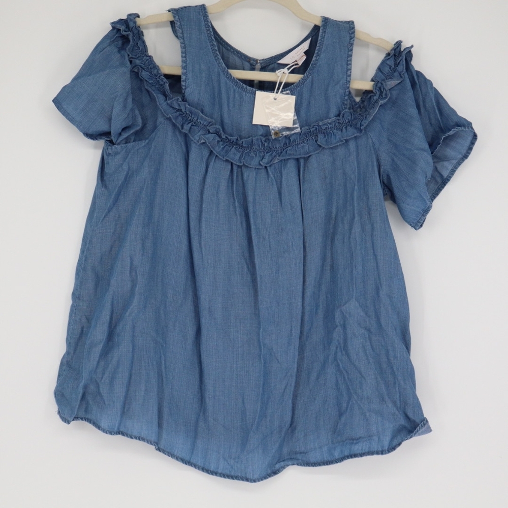 Lauren Conrad Women's Chambray Ruffle Cold Shoulder Top Size Medium Flowy